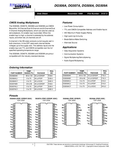 Intersil DG506A/DG507A/DG508A/DG509A Datasheet - cover page