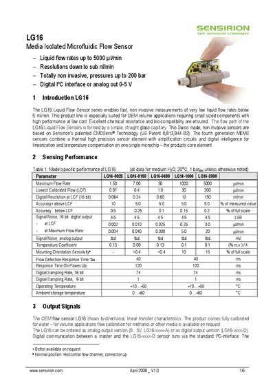 Sensirion LG16 Media Isolated Microfluidic Flow Sensor Datasheet - cover page