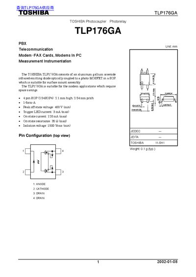 Toshiba TLP176GA Photocoupler Datasheet - cover page