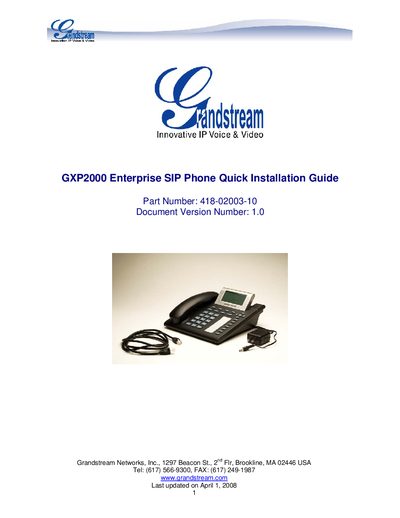 Grandstream GXP2000 Quick Installation Guide - cover page