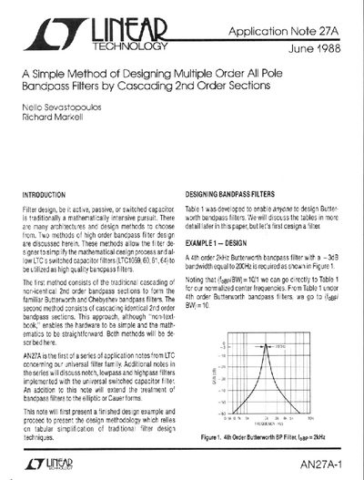 Linear Technology AN27A Application Note: Designing Bandpass Filters by Cascading 2nd Order Sections - cover page
