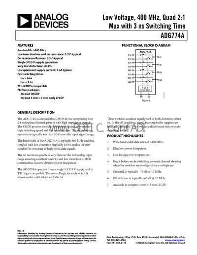 Analog Devices ADG774A Quad 2:1 Multiplexer Datasheet - cover page