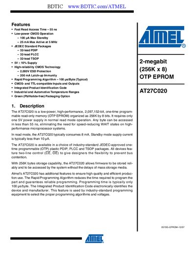 Atmel AT27C020 OTP EPROM Datasheet - cover page