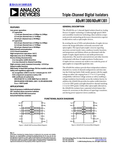 Analog Devices ADuM1300/ADuM1301 Triple-Channel Digital Isolators Datasheet - cover page