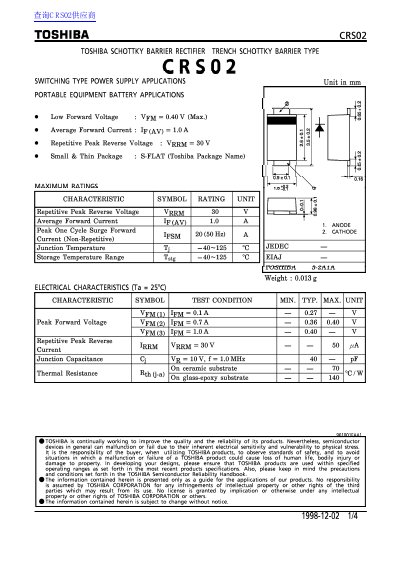 Toshiba CRS02 Schottky Barrier Rectifier Datasheet - cover page