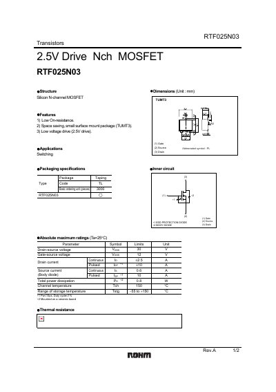 ROHM RTF025N03 N-channel MOSFET Datasheet - cover page