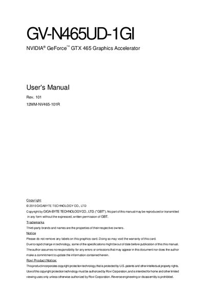 GIGABYTE GV-N465UD-1GI NVIDIA GeForce GTX 465 Graphics Accelerator User's Manual - cover page