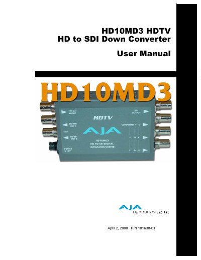 AJA HD10MD3 HD to SDI Down Converter User Manual - cover page