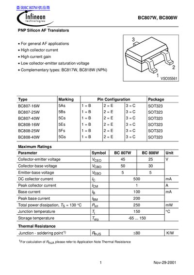 Infineon BC807W BC808W PNP Silicon AF Transistors Datasheet