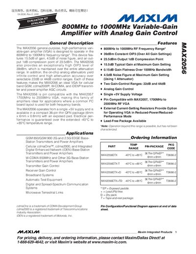 Maxim MAX2056 Variable‑Gain Amplifier Datasheet - cover page