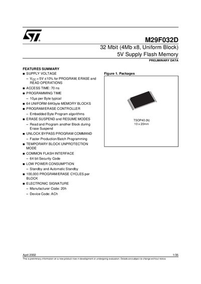 ST M29F032D 32 Mbit (4Mb x8 Uniform Block) 5V Supply Flash Memory handbook - cover page