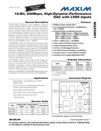 Maxim MAX5891 16-Bit 600Msps High-Dynamic-Performance DAC with LVDS Inputs Datasheet - cover page