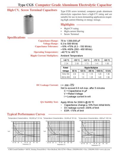 CGS Computer Grade Aluminum Electrolytic Capacitor Product Leaflet - cover page
