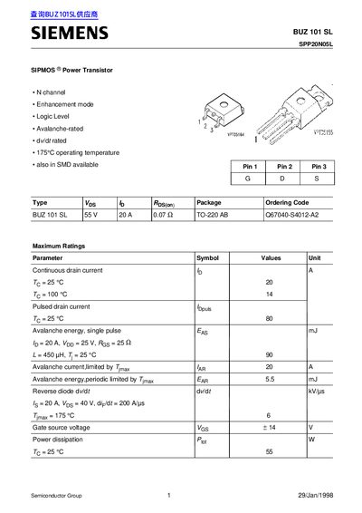 Siemens BUZ 101 SL Power Transistor Datasheet - cover page