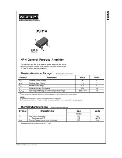 Fairchild Semiconductor BSR14 NPN General Purpose Amplifier Datasheet - cover page