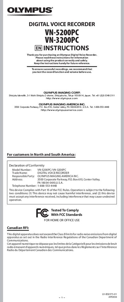 Olympus VN-5200PC / VN-3200PC User Manual - cover page