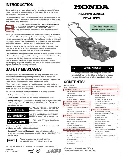 Honda HRC216PDA Lawn Mower Owner's Manual - cover page