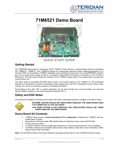 Teridian 71M6521 Demo Board Quick Start Guide