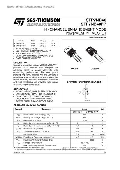SGS-Thomson STP7NB40 / STP7NB40FP PowerMESH N-Channel MOSFET Datasheet - cover page
