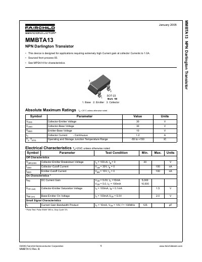 Fairchild Semiconductor MMBTA13 NPN Darlington Transistor Datasheet - cover page